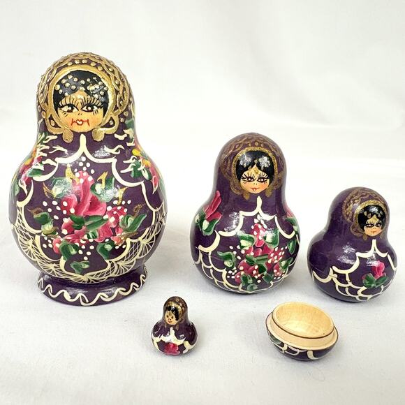 Vintage 1996 Signed Russian Matryoshka Nesting Dolls 5 pcs 3" - Missing One Top - Picture 1 of 8